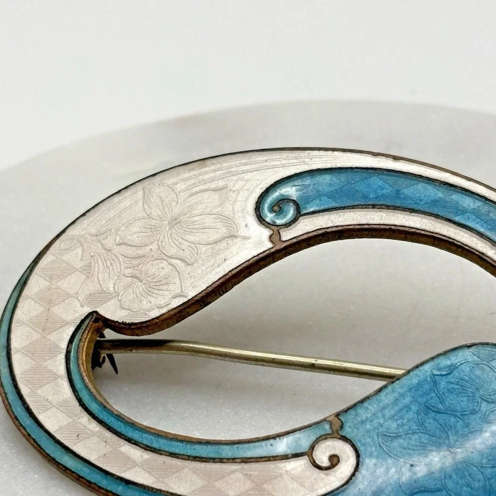 Vintage Guilloche Enamel Sash Pin Brooch Blue White Art Nouveau Unsigned